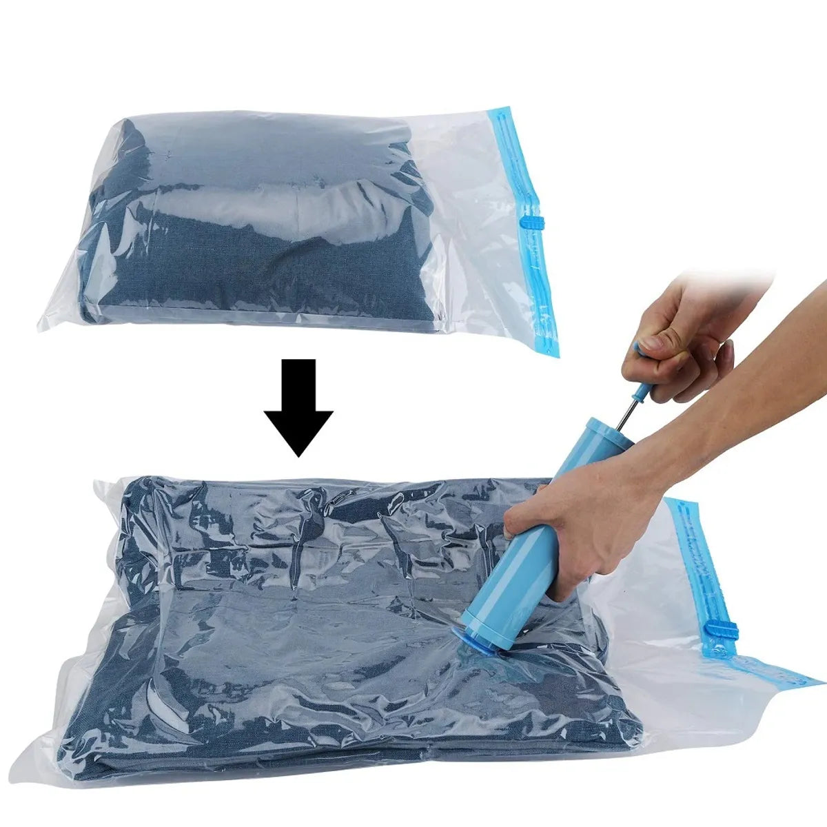 La misma ropa antes y después de sacarle el aire a la bolsa
